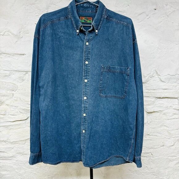 Structure Denim Shirt Long Sleeve Button Down Faded Dark Wash Vintage 90s Large - Picture 1 of 7